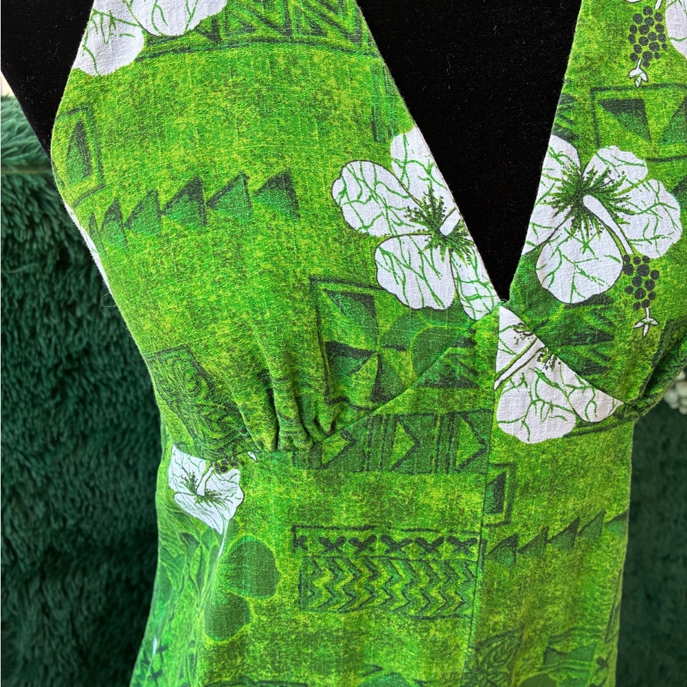 Vintage 60s/70s Small Barkcloth Hawaiian Halter Maxi Tiki Dress Muumuu - Picture 3 of 9